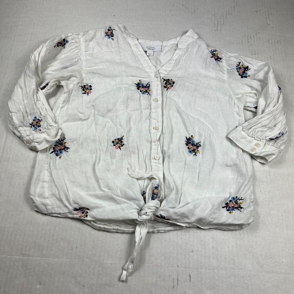 Charter Club Embroidered Linen Cropped Top Floral 3/4 Sleeve Tie Front SMALL